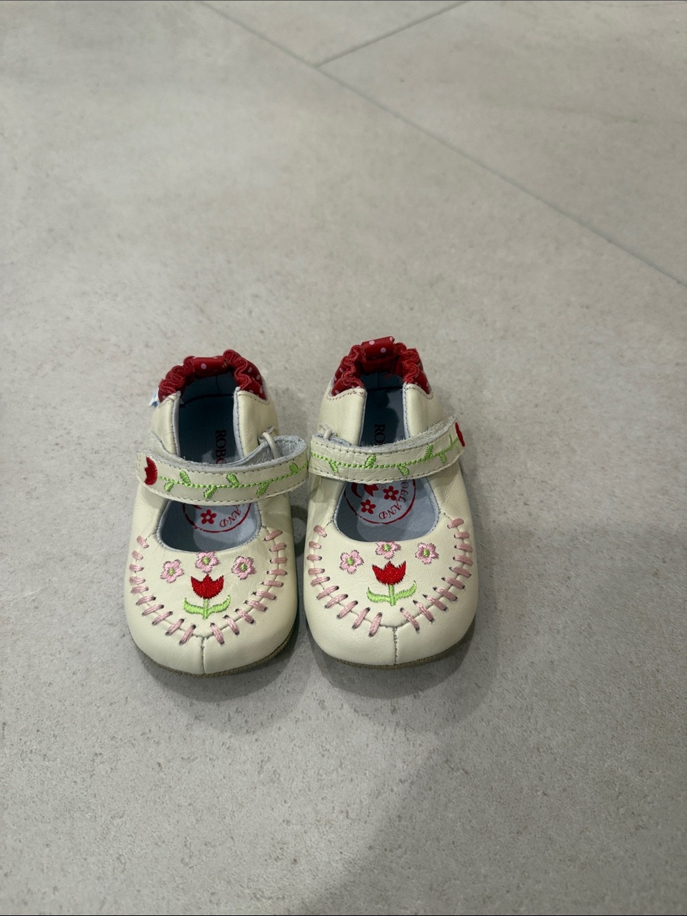 Robeez Baby Cream Floral Mary Jane Shoes with Red Accents